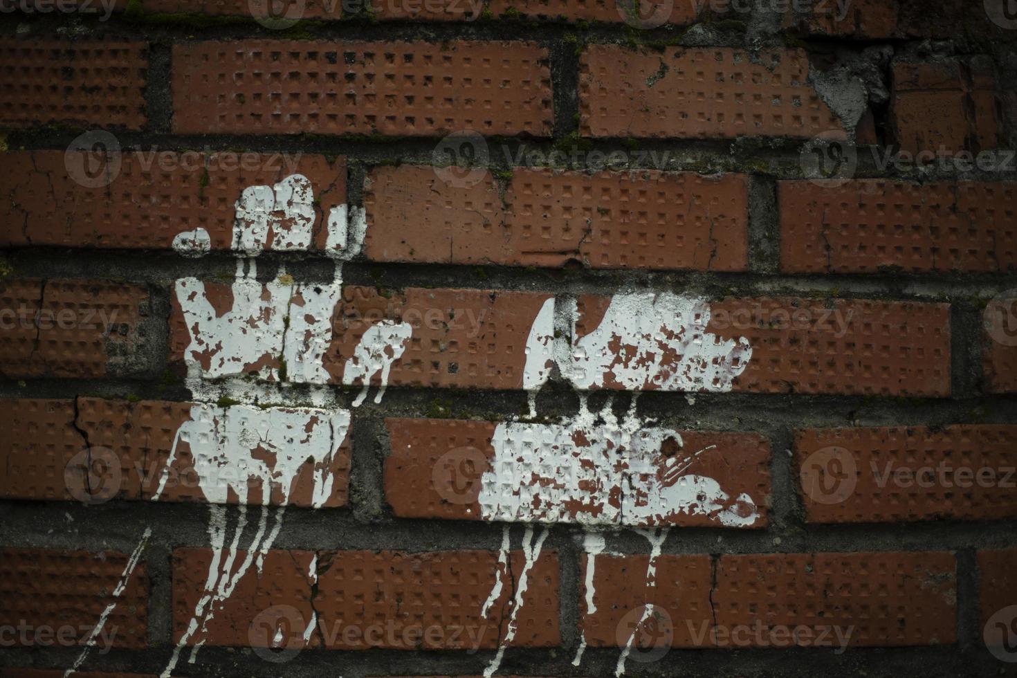 Handabdruck malen. Impressum auf Ziegelwand. weiße Farbe Silhouette der Palme. foto