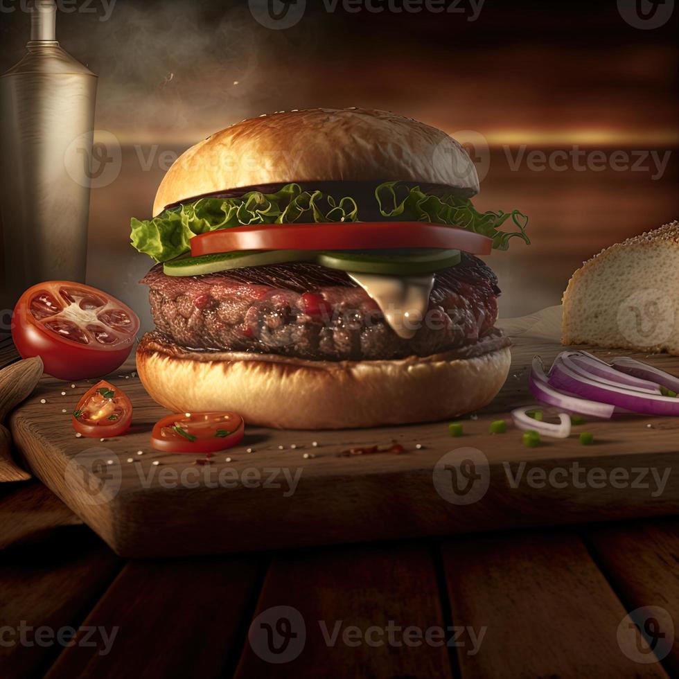 köstlicher hausgemachter steakburger auf einem alten holztisch. Fett ungesunde Lebensmittel aus nächster Nähe. foto