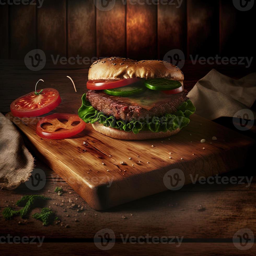 köstlicher hausgemachter steakburger auf einem alten holztisch. Fett ungesunde Lebensmittel aus nächster Nähe. foto