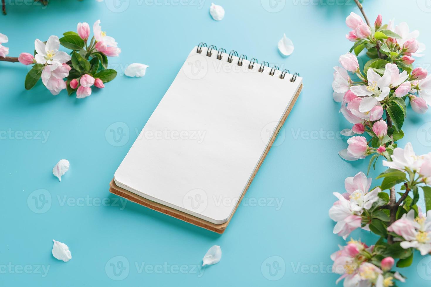 Blühende Frühlings-Sakura auf blauem Hintergrund mit Notizblock-Platz für eine Grußbotschaft. das konzept von frühling und muttertag. schöne zarte rosa kirschblüten im frühling foto