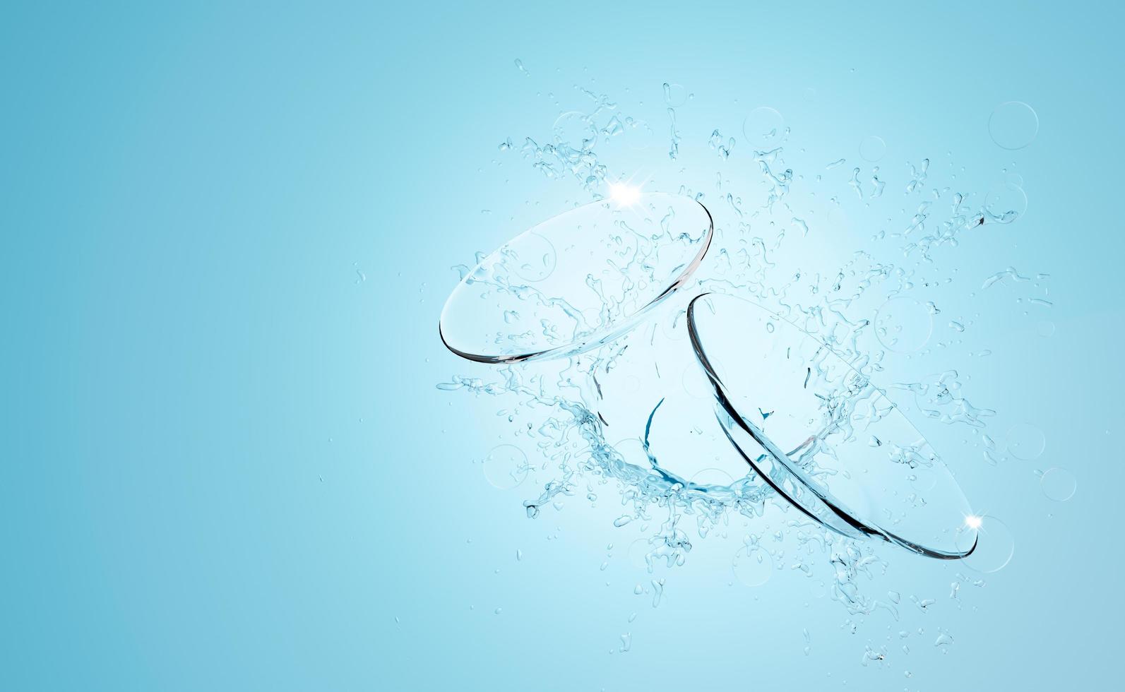 saubere transparente Schale mit Spritzwasser für Geschirrspülmittel, Waschmittelwerbung, Produktwerbung, isoliert auf blauem Hintergrund, 3D-Darstellung foto