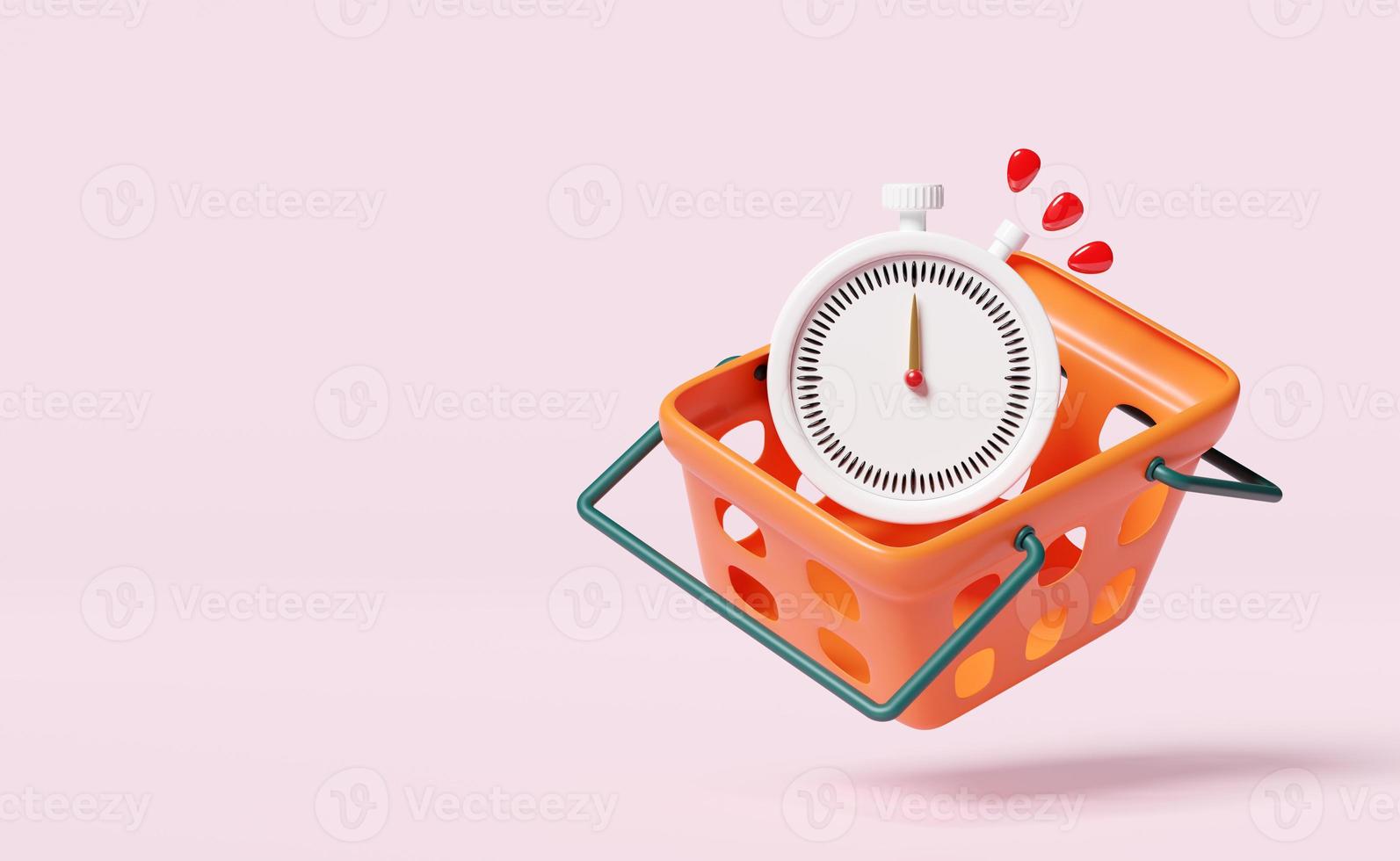 Orange Einkaufswagen oder Korb mit Wecker, Stoppuhr isoliert auf rosa Hintergrund. kündigen Sie Werbenachrichten, Last-Minute-Angebot, flache Verkaufseinkäufe, 3D-Darstellung, Beschneidungspfad an foto