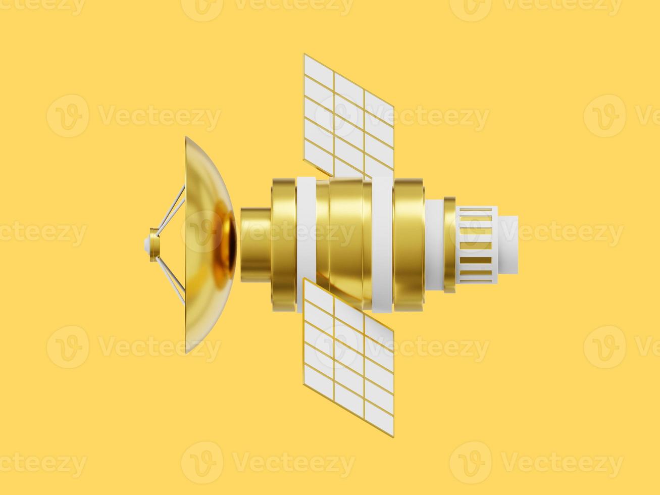 Weltraumsatellit mit Antenne. orbitale Kommunikationsstation, Aufklärung, Forschung. 3D-Rendering. realistisches goldsymbol auf gelbem farbhintergrund foto