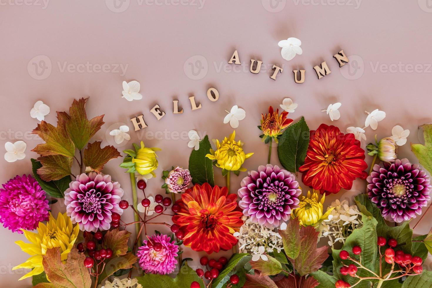 eine festliche karte, tapete, ein herbsthintergrund aus bunten schnittgartenblumen. Blumenkonzept. text aus holzbuchstaben - hallo herbst. foto