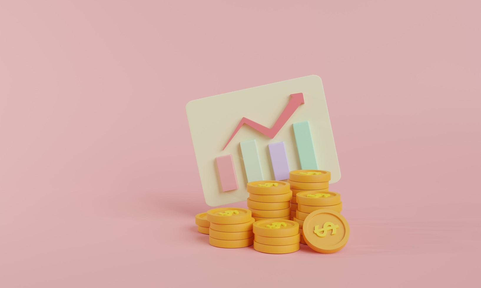 Stapel von Dollar-Goldmünzen und wachsender Diagrammbalken im minimalistischen Stil des Hintergrunds. geschäftserfolgskonzept, finanzplanung, investieren, sparen. 3D-Darstellung foto
