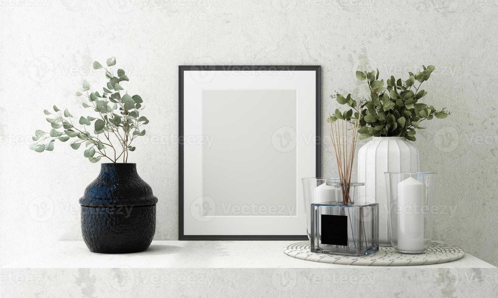 Mockup Posterrahmen Nahaufnahme auf Holzwand mit weißen braunen Blumen und umgeben von Dekorationsmockup. 3D-Rendering foto