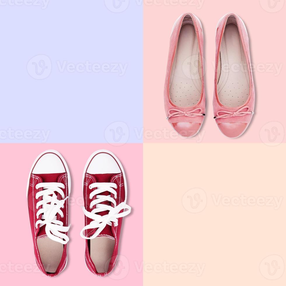 rote Gummischuhe mit weißen Schnürsenkeln und rosa Schuhen auf buntem Hintergrund. foto