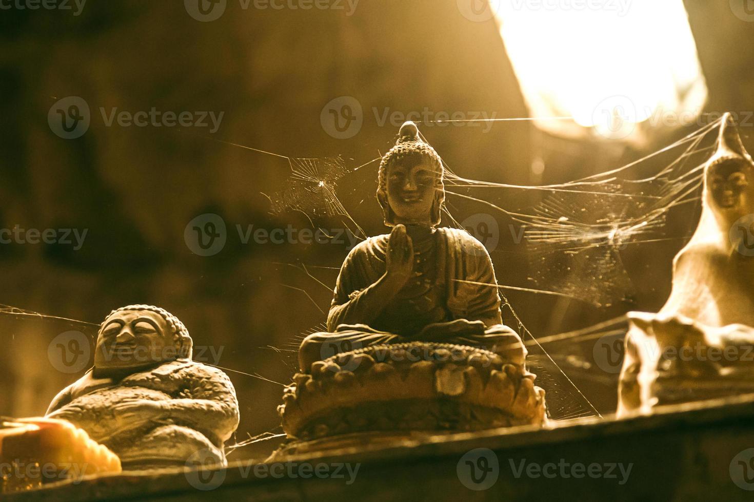 Nahaufnahme von steinernen Buddha-Statuen, die in einem Spinnennetz in einer Höhle bedeckt sind. foto