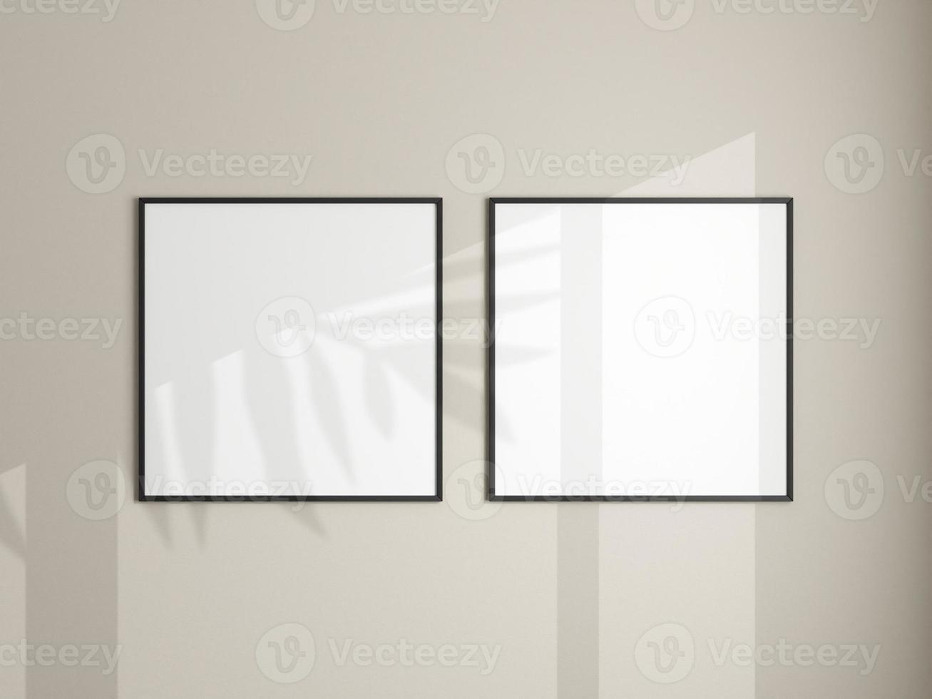 fotorahmenmodell, das an der weißen wand hängt. minimalistischer Hintergrund. leeres bilderrahmenmodell im wohnzimmer. Plakatmodell. sauberer, moderner, minimaler Rahmen. 3D-Rendering. foto