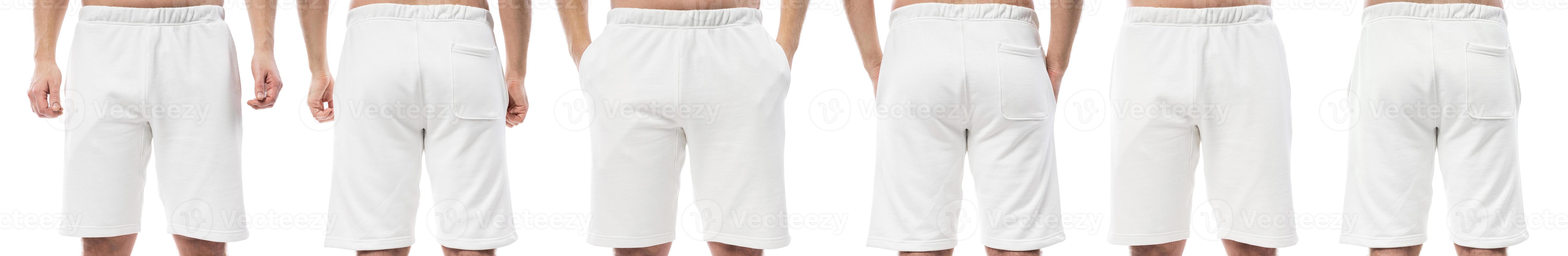 Collage von verschiedenen Seiten des Mannes, der weiße leere Shorts für Design auf weißem Hintergrund trägt foto