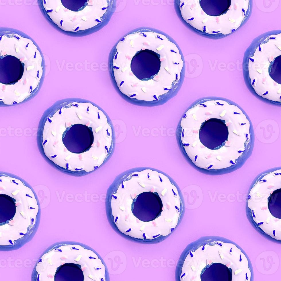 Viele kleine Plastikdonuts liegen auf einem pastellfarbenen Hintergrund. flaches minimales muster. Ansicht von oben foto