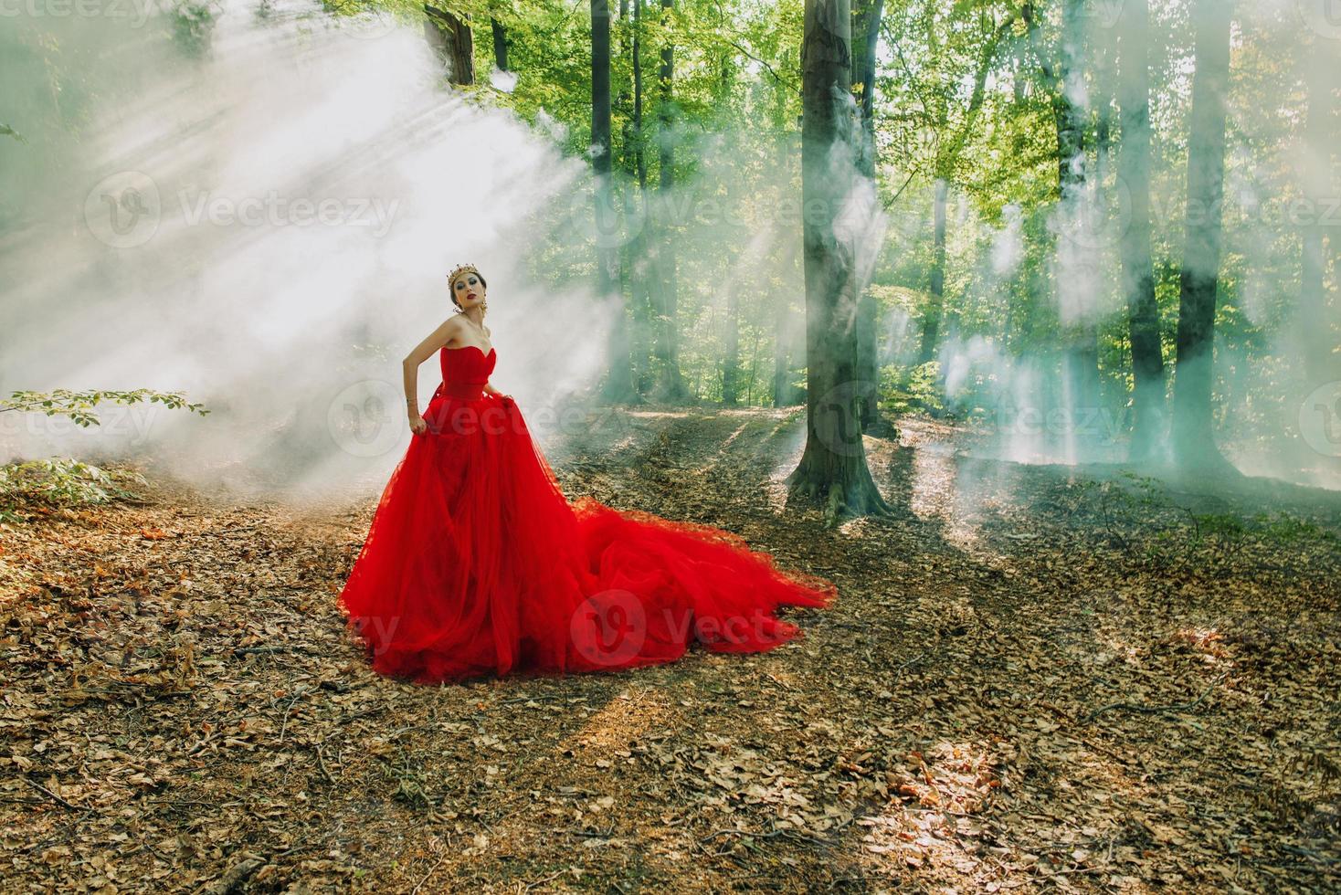 Elegante, stilvolle Frau in einem langen roten Kleid und einer Königskrone im nebligen Wald foto