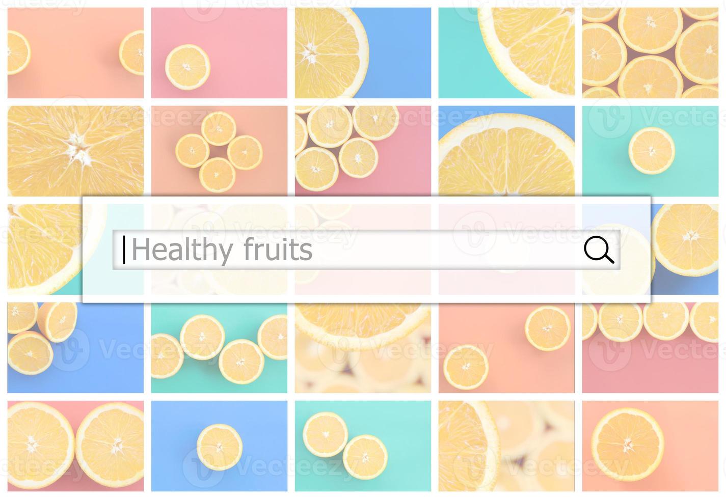 Visualisierung der Suchleiste auf dem Hintergrund einer Collage aus vielen Bildern mit saftigen Orangen. gesunde Früchte foto