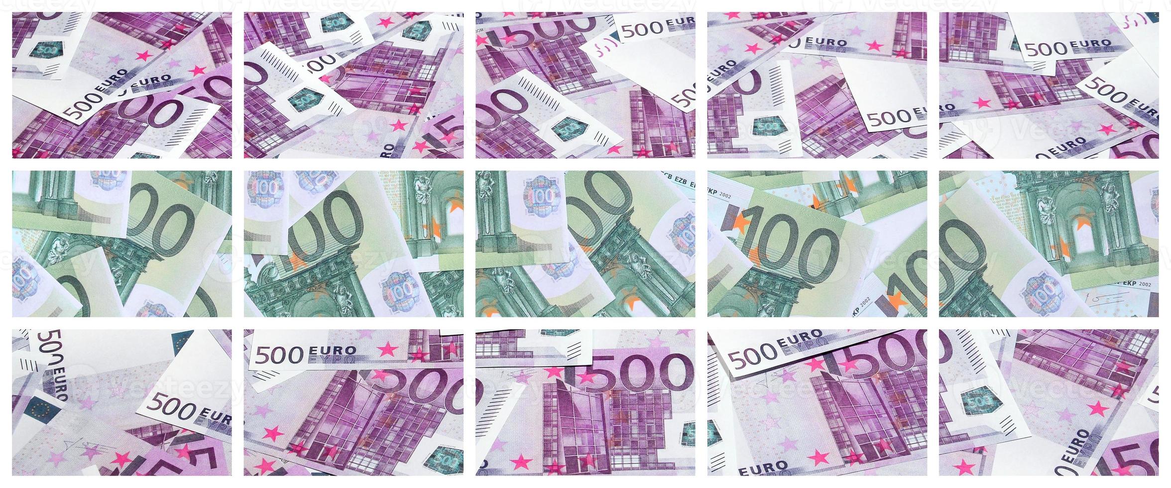 eine Collage aus vielen Bildern von Hunderten von Dollar- und Euroscheinen, die auf einem Stapel liegen foto