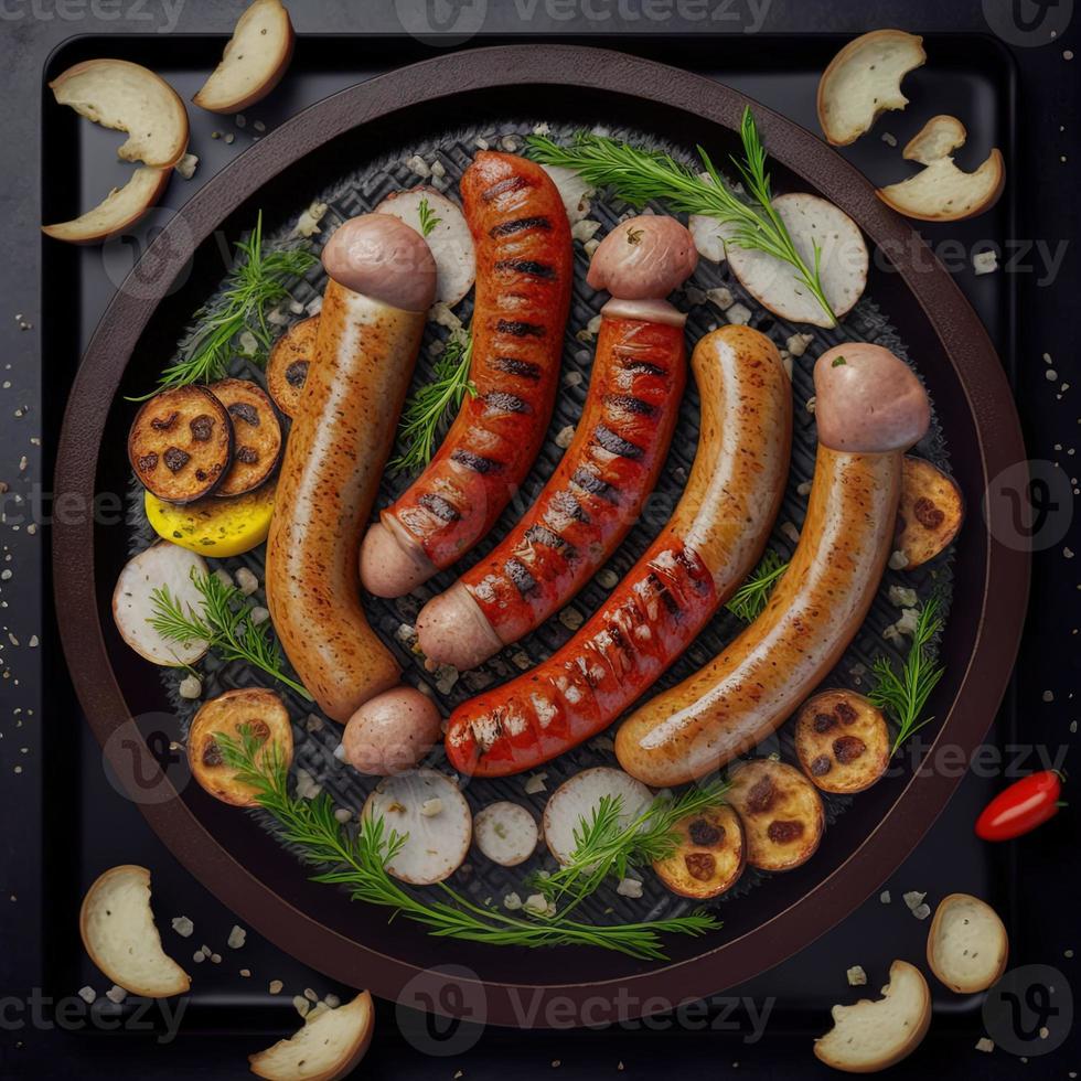 Grillwurst mit Kräuter- und Gemüsebeigabe auf der Grillplatte foto