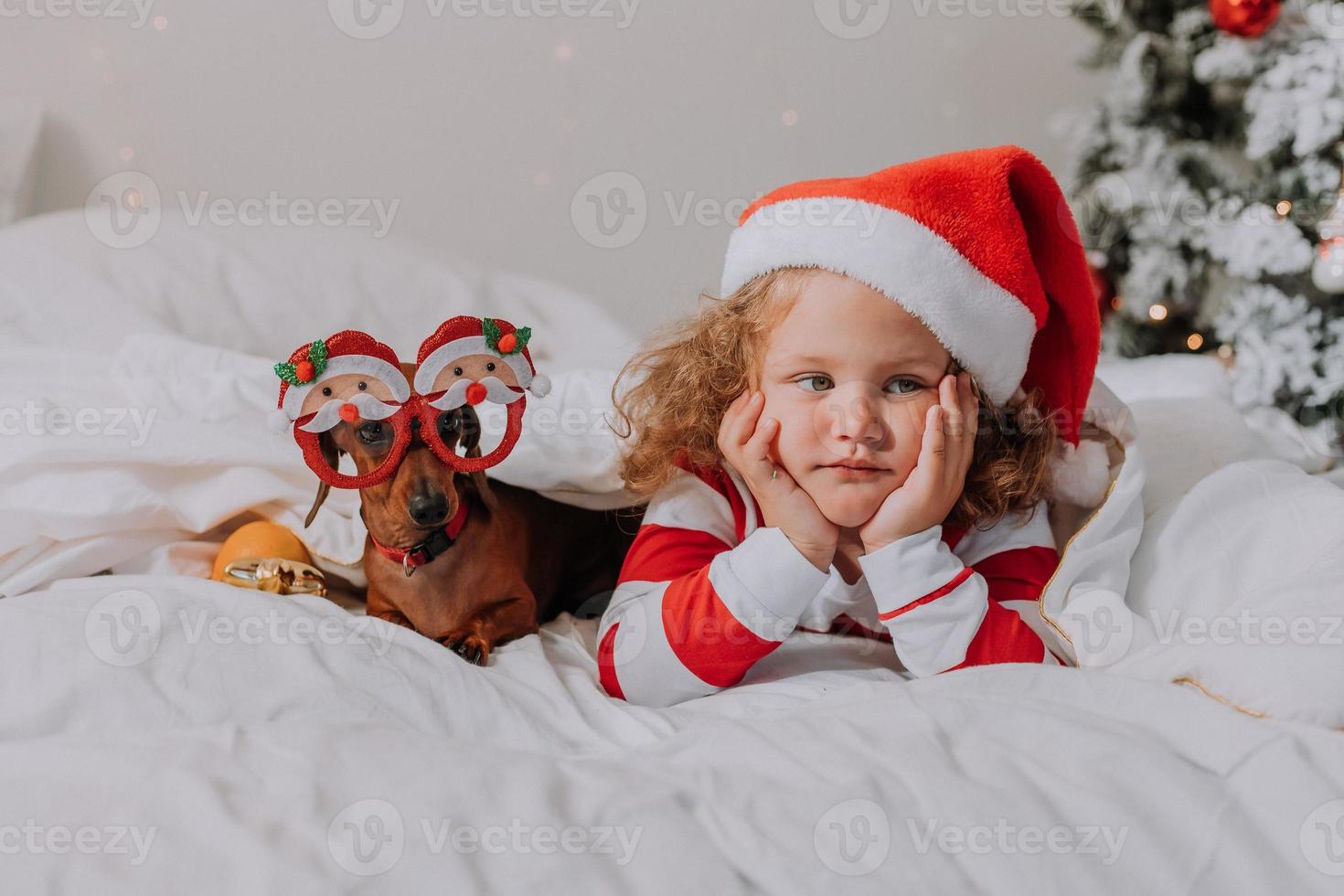 Kleines Mädchen in gestreiftem Pyjama und Weihnachtsmütze und Hund in lustigen Gläsern mit Weihnachtsmann liegen im Bett auf einem weißen Laken vor dem Hintergrund des Weihnachtsbaums. Platz für Text. hochwertiges Foto