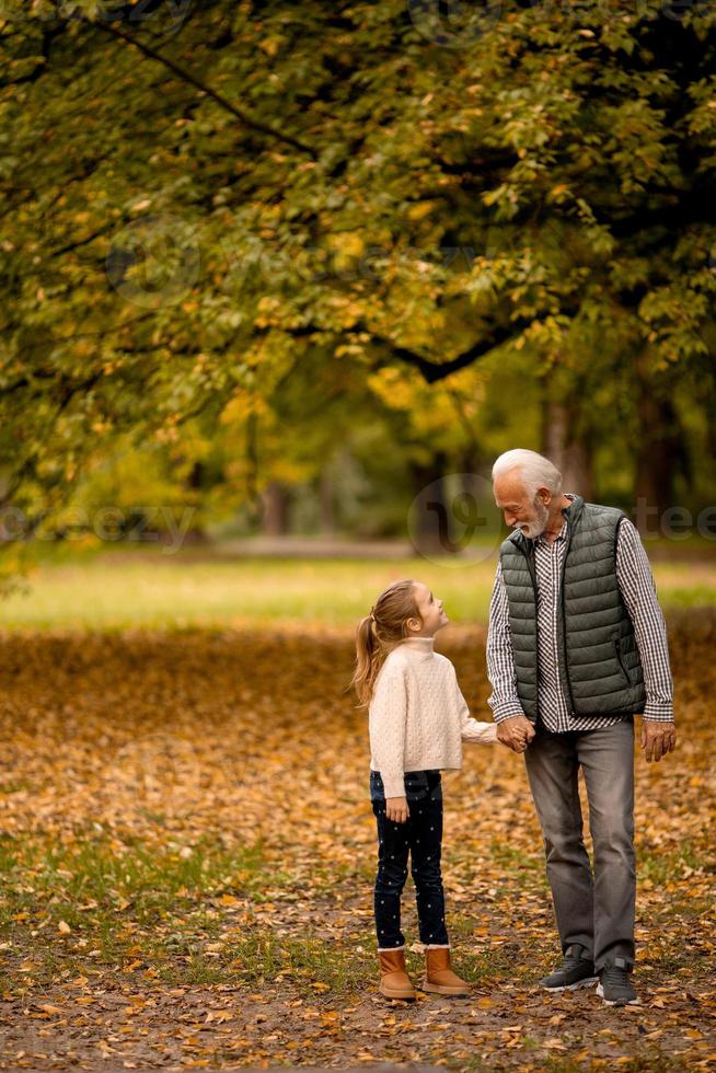 Großvater verbringt am Herbsttag Zeit mit seiner Enkelin im Park foto