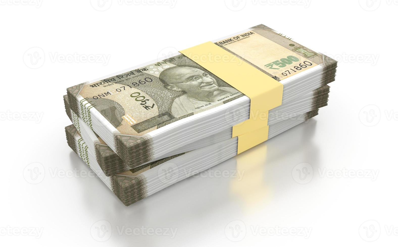 Indische Rupie 500 Banknotenbündel isoliert auf weißem Hintergrund - 3D-Darstellung foto