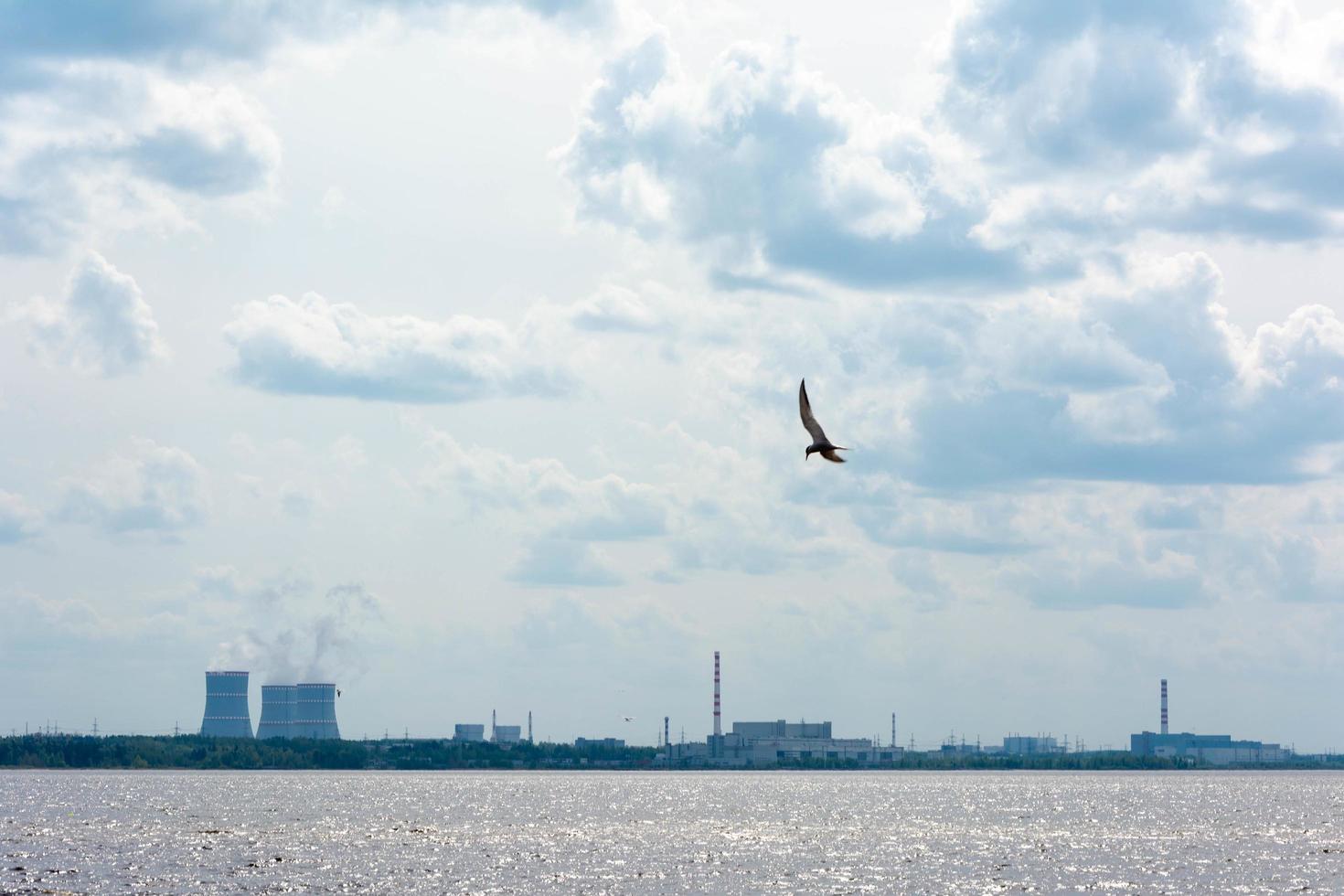 Blick auf das Kernkraftwerk. die Küste des Finnischen Meerbusens. Die Kühltürme schwimmen. foto