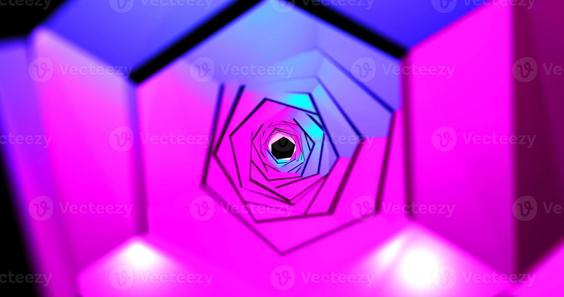 ein wunderschöner abstrakter lila-rosafarbener Tunnel aus quadratischen Formen, der in eine Spirale aus hellen Linien auf einem schwarzen Raumhintergrund eingewickelt ist. abstrakter Hintergrund. Bildschirmschoner foto
