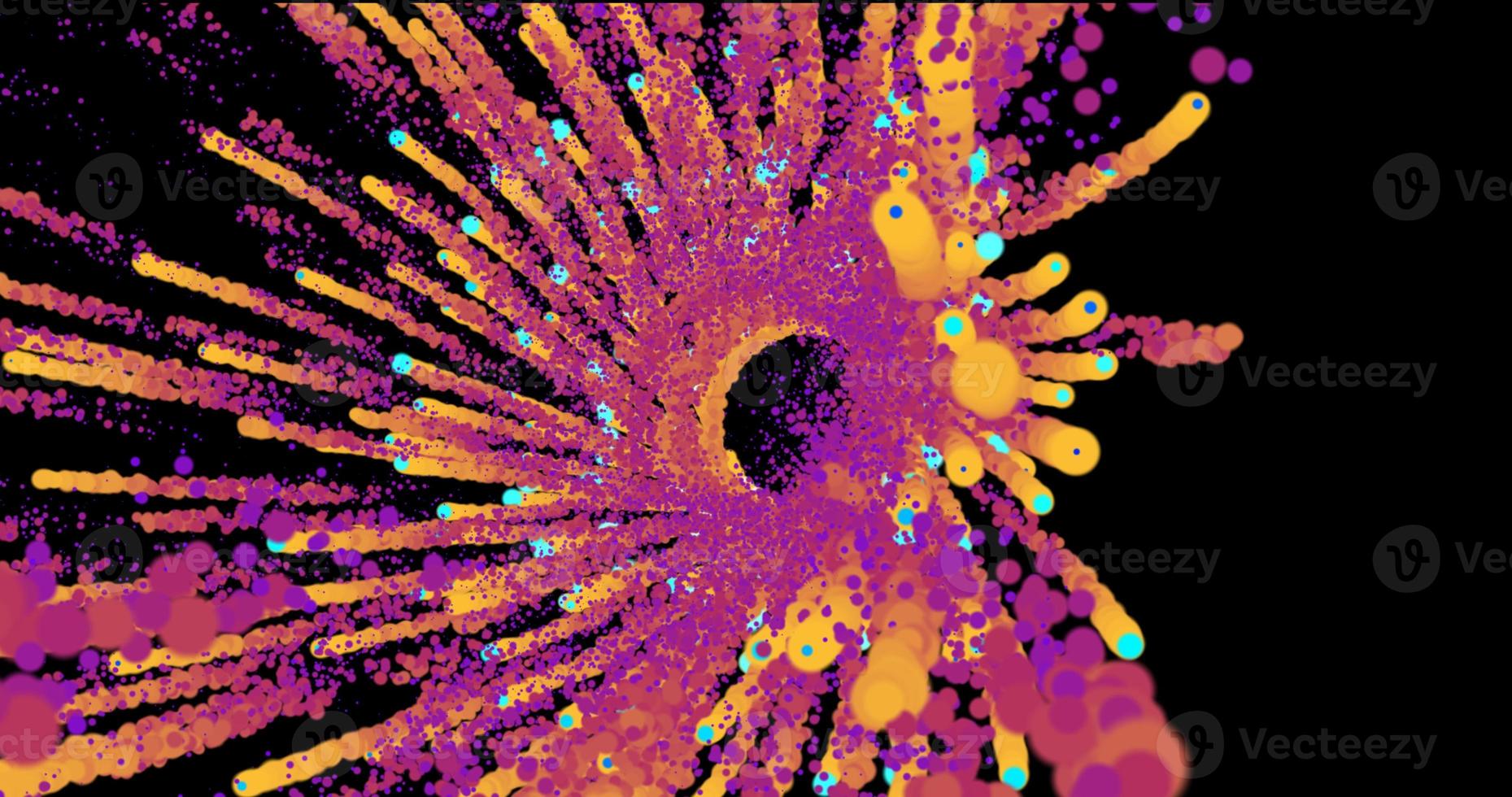 Abstrakte schöne runde Partikelspirale mit einer Explosion von leuchtend mehrfarbigem orange-blauem Rauch magischer Energieeffekt auf schwarzem Hintergrund in hoher Auflösung foto