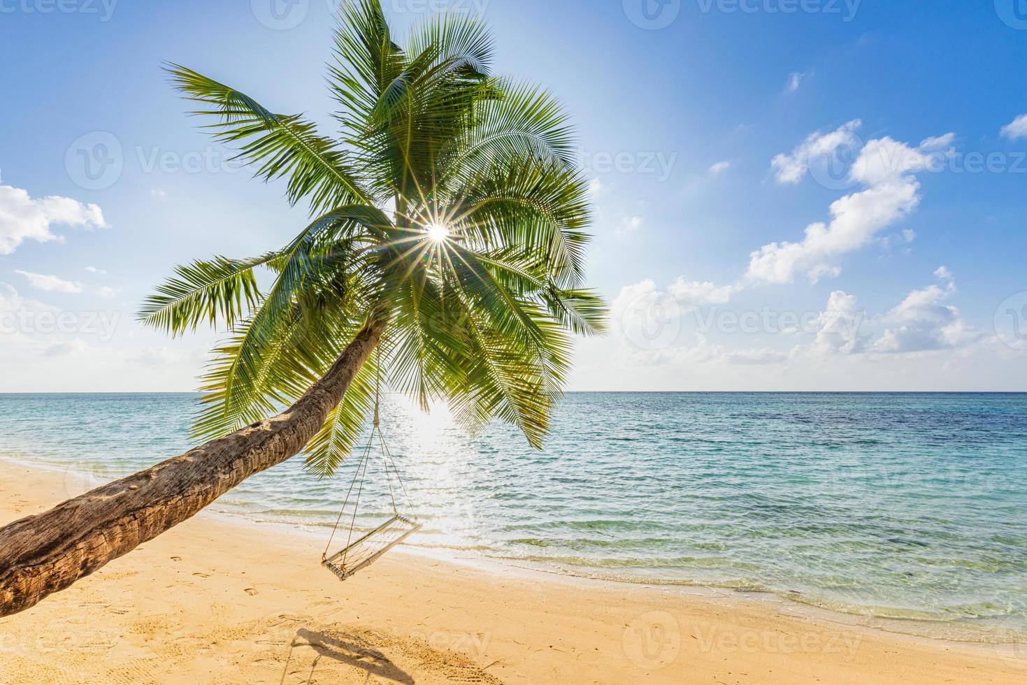 tropischer strandhintergrund als sommerlandschaft entspannen. friedliche Schaukel hängt an Palme über Sand und ruhige Meeressonnenstrahlen für Strandschablone. freiheit sorglose küste, exotischer sonniger himmel, horizont lagunenbucht foto