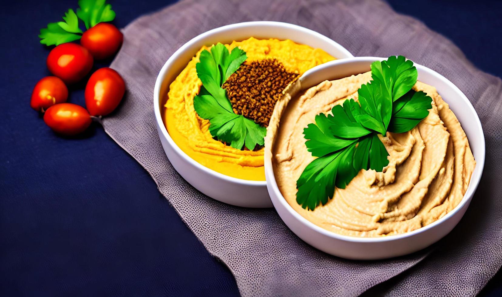 gesundes Essen. Traditioneller frisch zubereiteter Bio-Hummus. foto