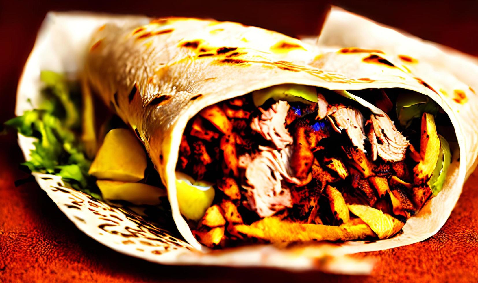 Schawarma. Döner, frisches Gemüse und Fleisch. Kebab-Sandwich aus nächster Nähe. foto
