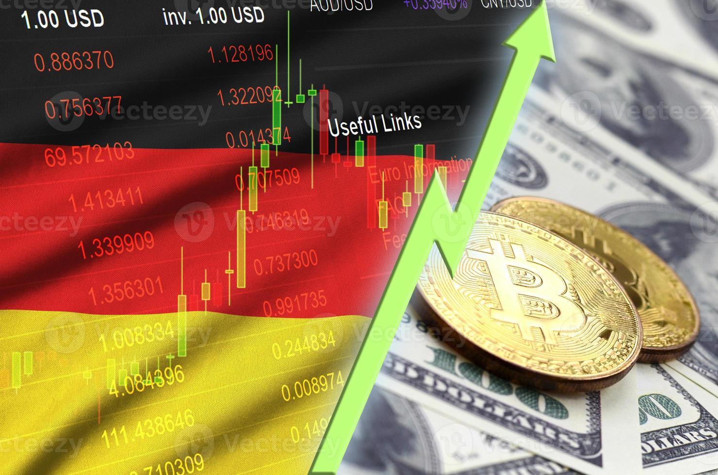 Deutschland-Flagge und wachsender Trend der Kryptowährung mit zwei Bitcoins auf Dollarscheinen foto