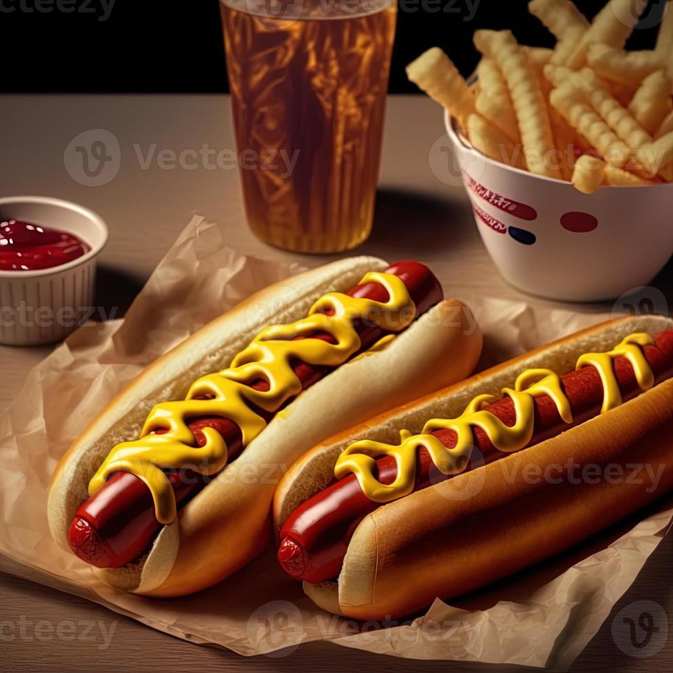 Hot Dogs mit Ketchup, gelbem Senf, Pommes Frites und Soda. foto