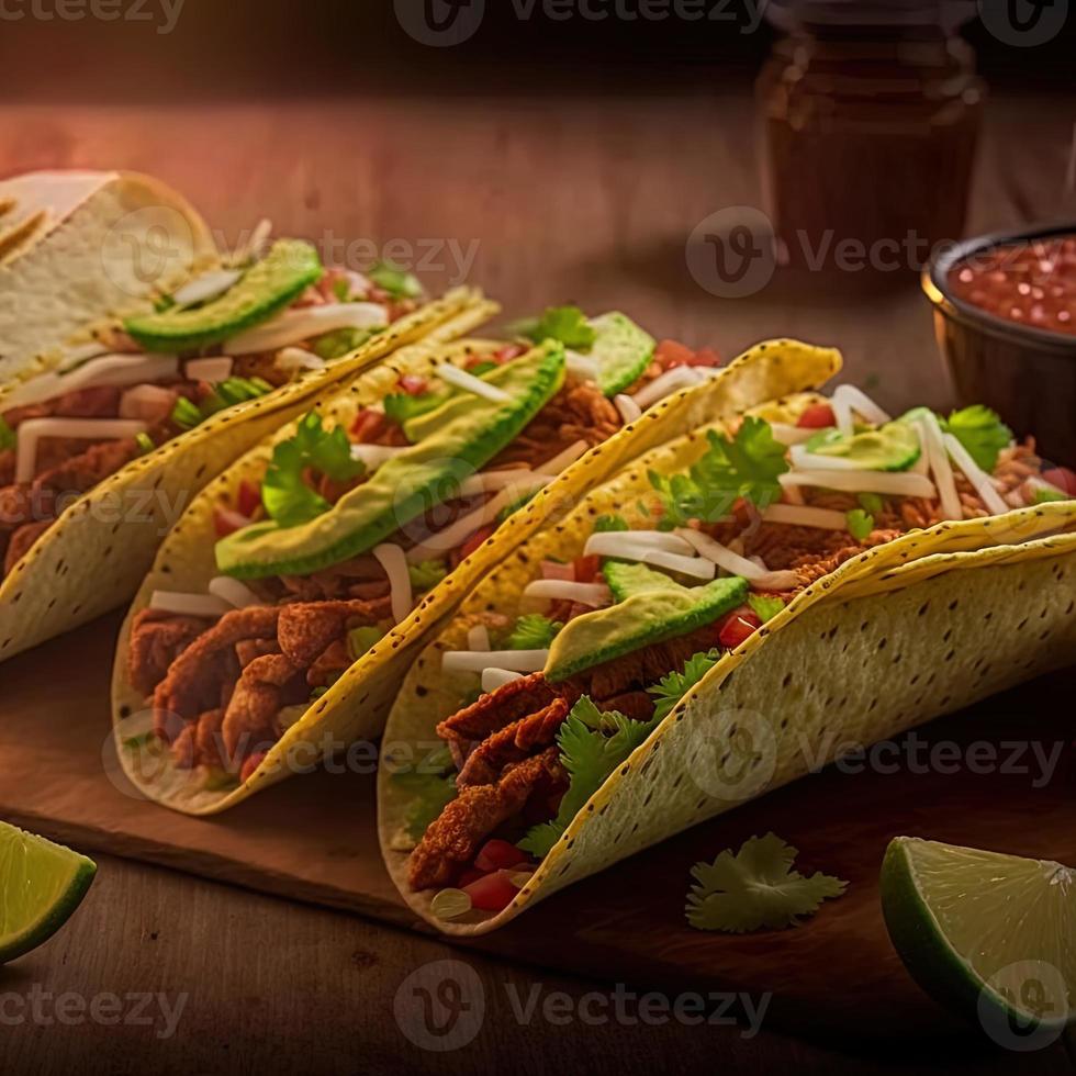 mexikanische tacos des hohen winkels auf hölzernem hintergrund foto