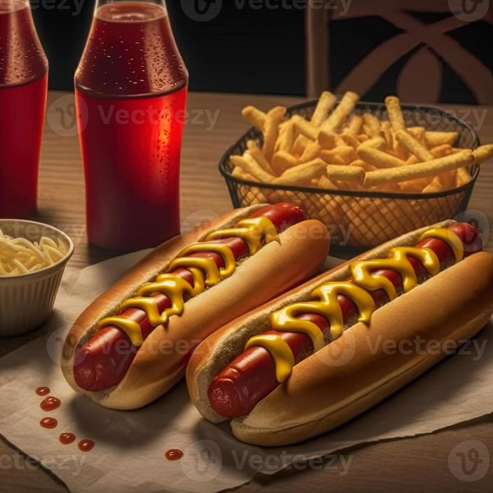 Hot Dogs mit Ketchup, gelbem Senf, Pommes Frites und Soda. foto