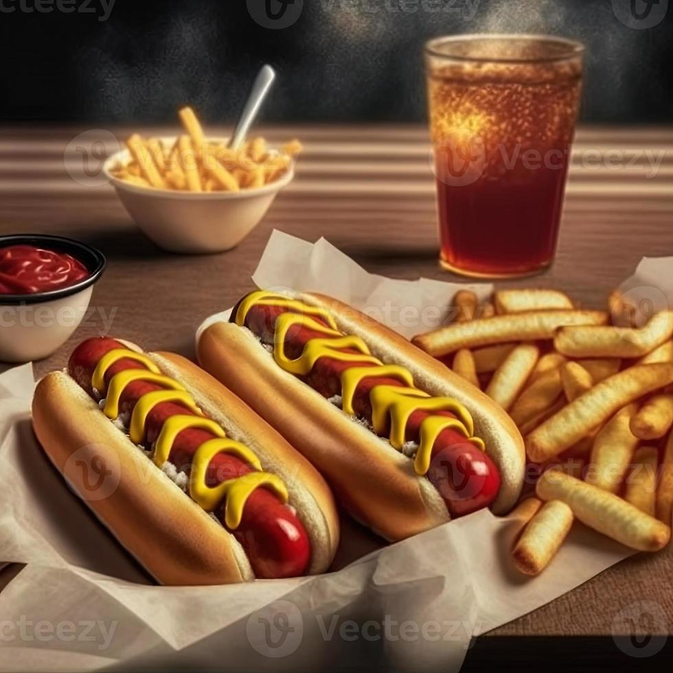 Hot Dogs mit Ketchup, gelbem Senf, Pommes Frites und Soda. foto