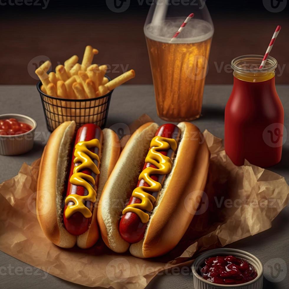 Hot Dogs mit Ketchup, gelbem Senf, Pommes Frites und Soda. foto