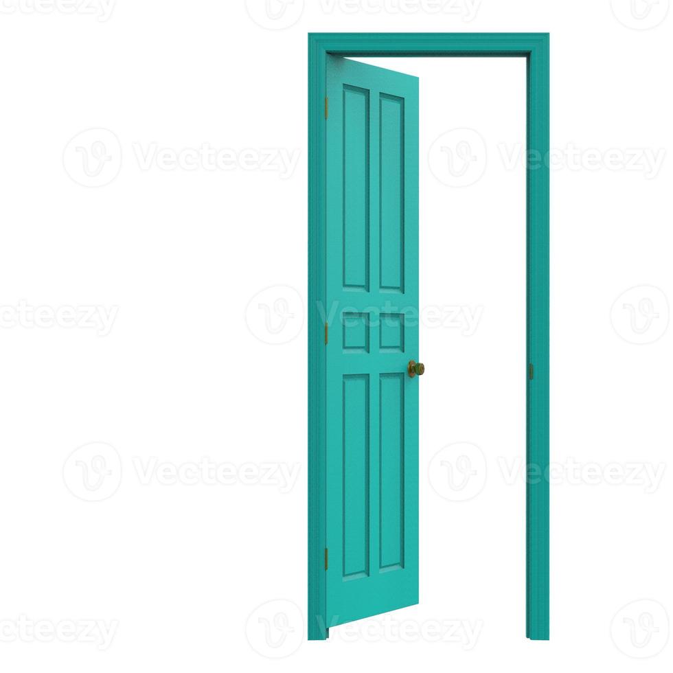 Öffnen Sie die hellblaue isolierte Tür, die 3D-Darstellungswiedergabe geschlossen ist foto