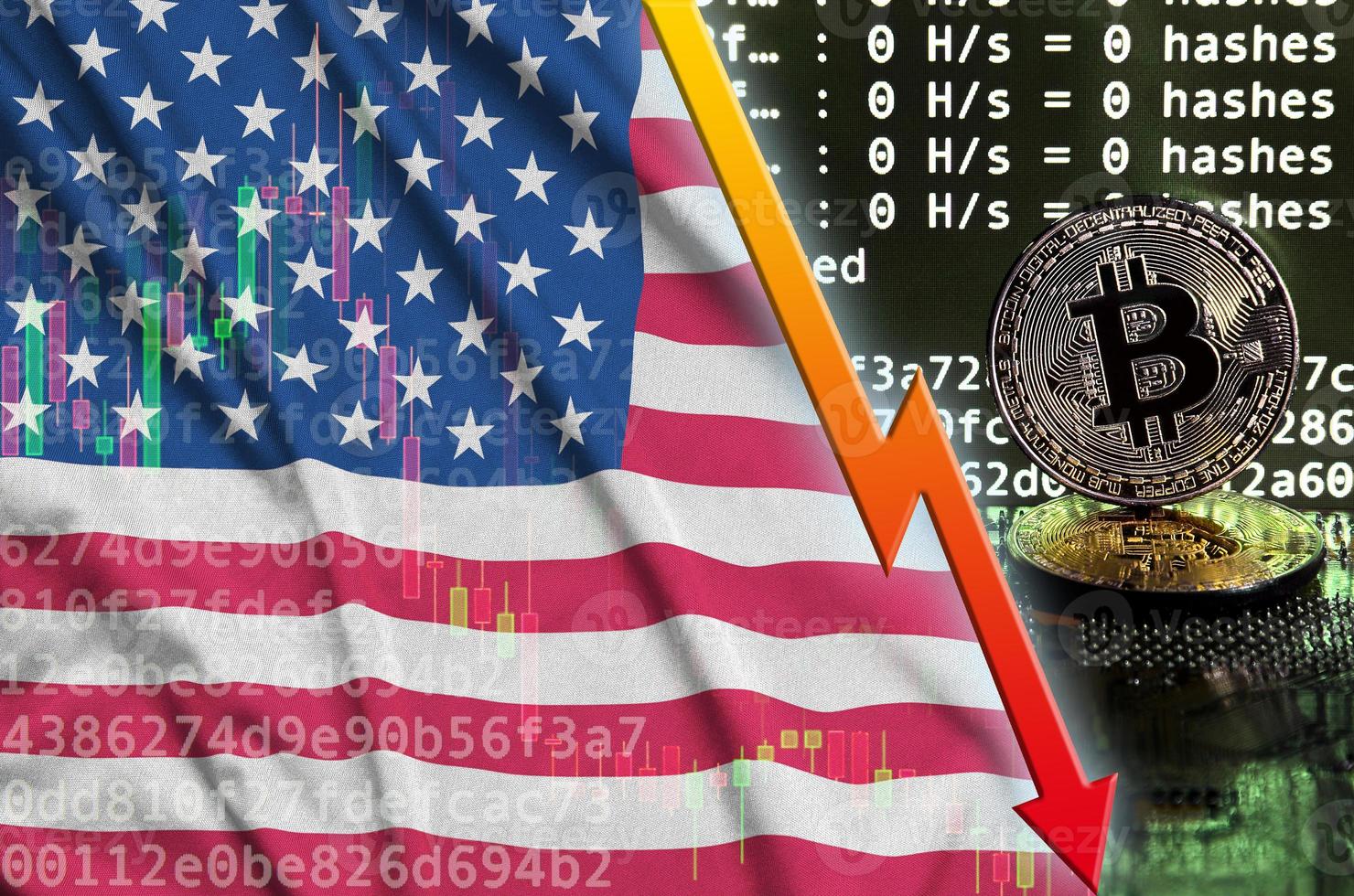flagge der vereinigten staaten von amerika und fallender roter pfeil auf dem bitcoin-mining-bildschirm und zwei physische goldene bitcoins foto