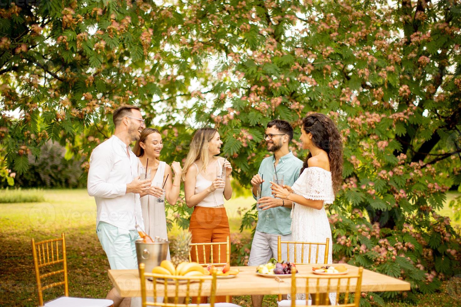 gruppe glücklicher junger leute, die mit frischer limonade jubeln und früchte im garten essen foto