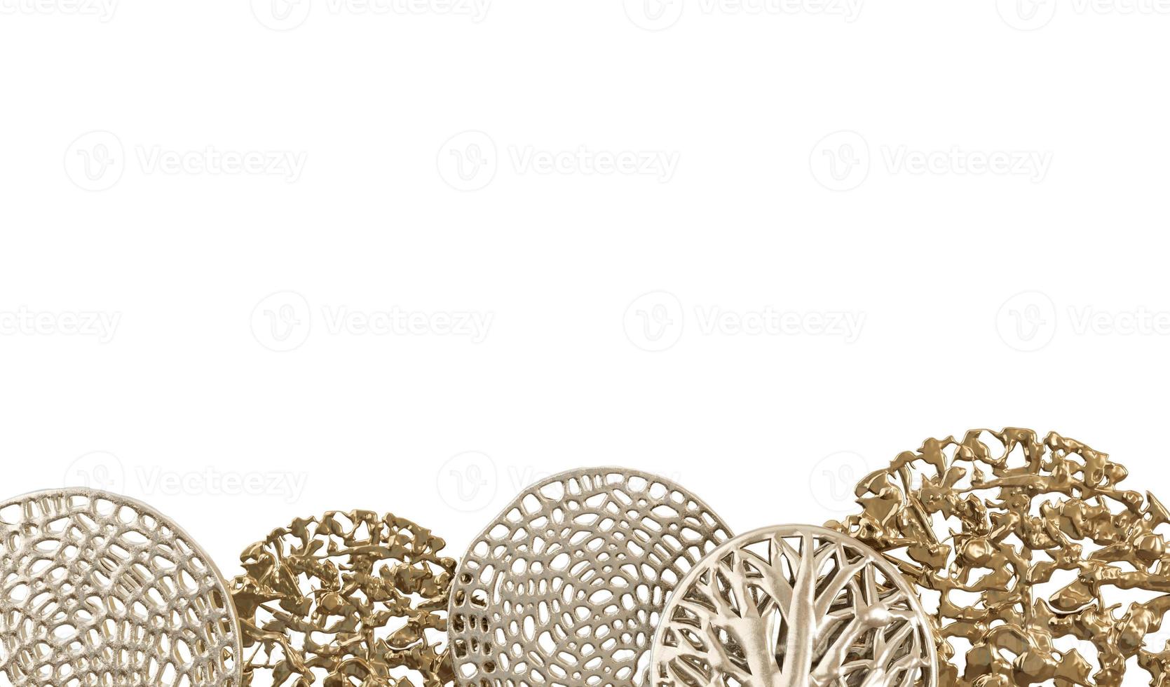 abstrakte runde metallische Formen lokalisiert auf weißem Hintergrund. unterer Rahmen, Rand. Grafikdesignelement ausschneiden. abstrakte Figuren. 3D-Rendering. foto
