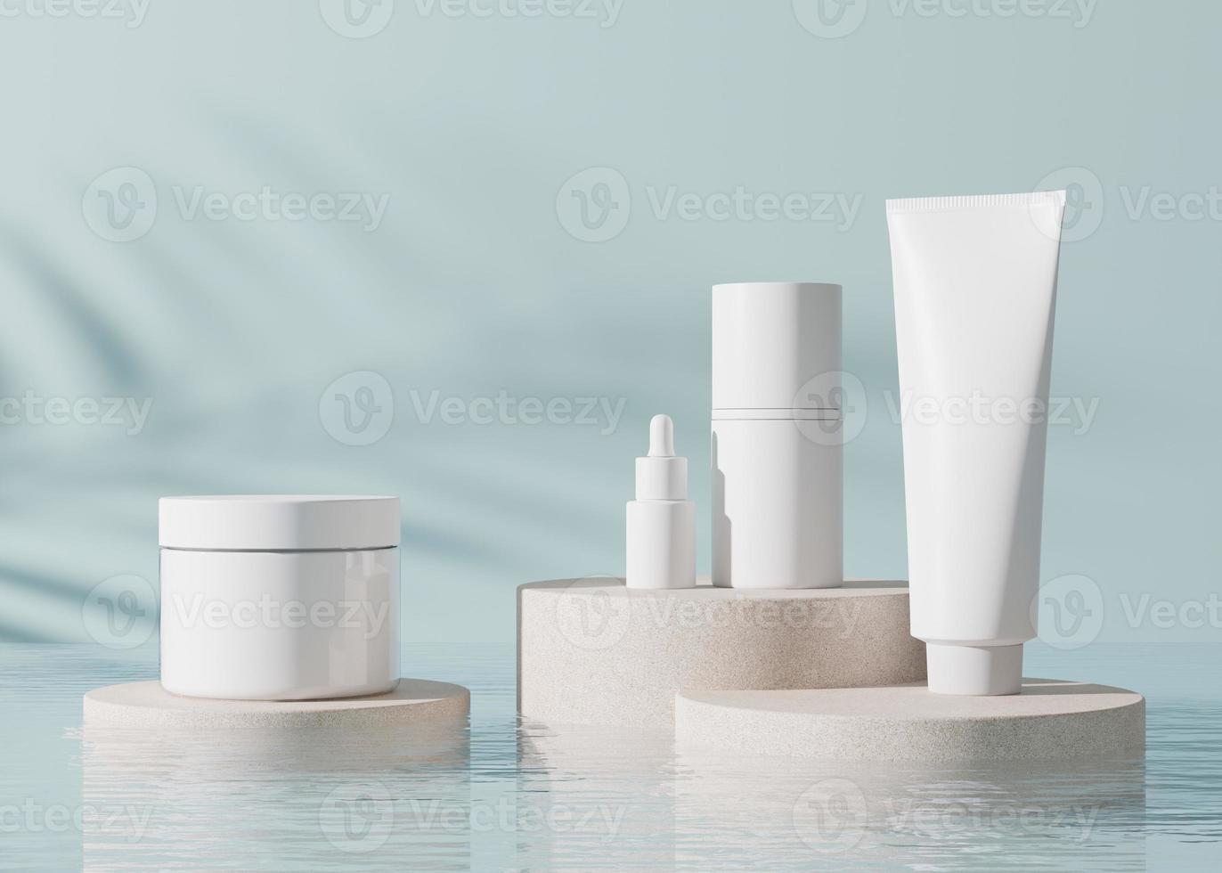 Gruppe von weißen und leeren Kosmetikcremetiegeln und -tuben ohne Markenzeichen auf blauem Hintergrund. Präsentation von Hautpflegeprodukten. elegantes Modell. Hautpflege, Beauty und Spa. glas, tube mit kopierraum. 3D-Rendering. foto