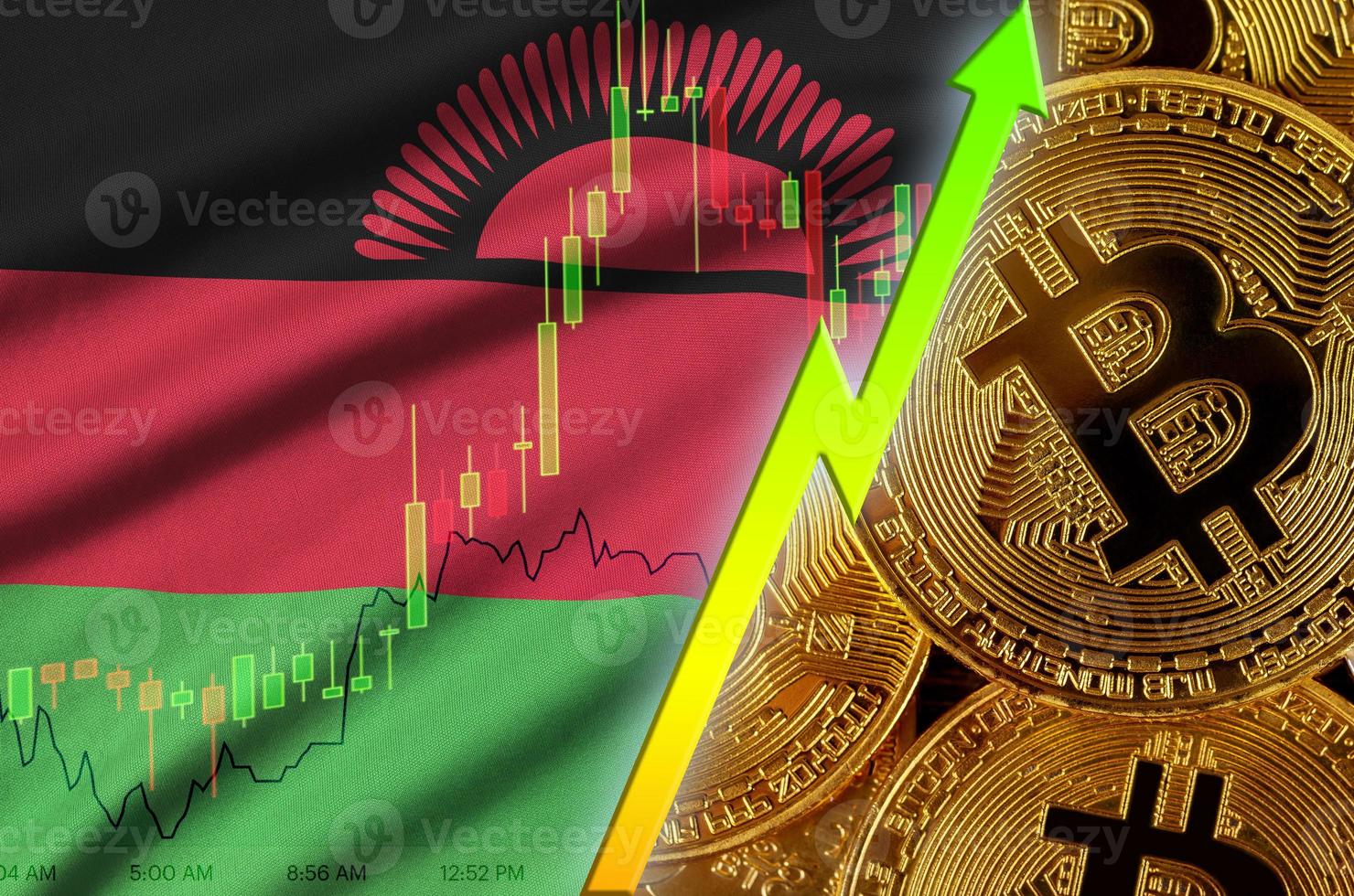 Malawi-Flagge und wachsender Trend der Kryptowährung mit vielen goldenen Bitcoins foto