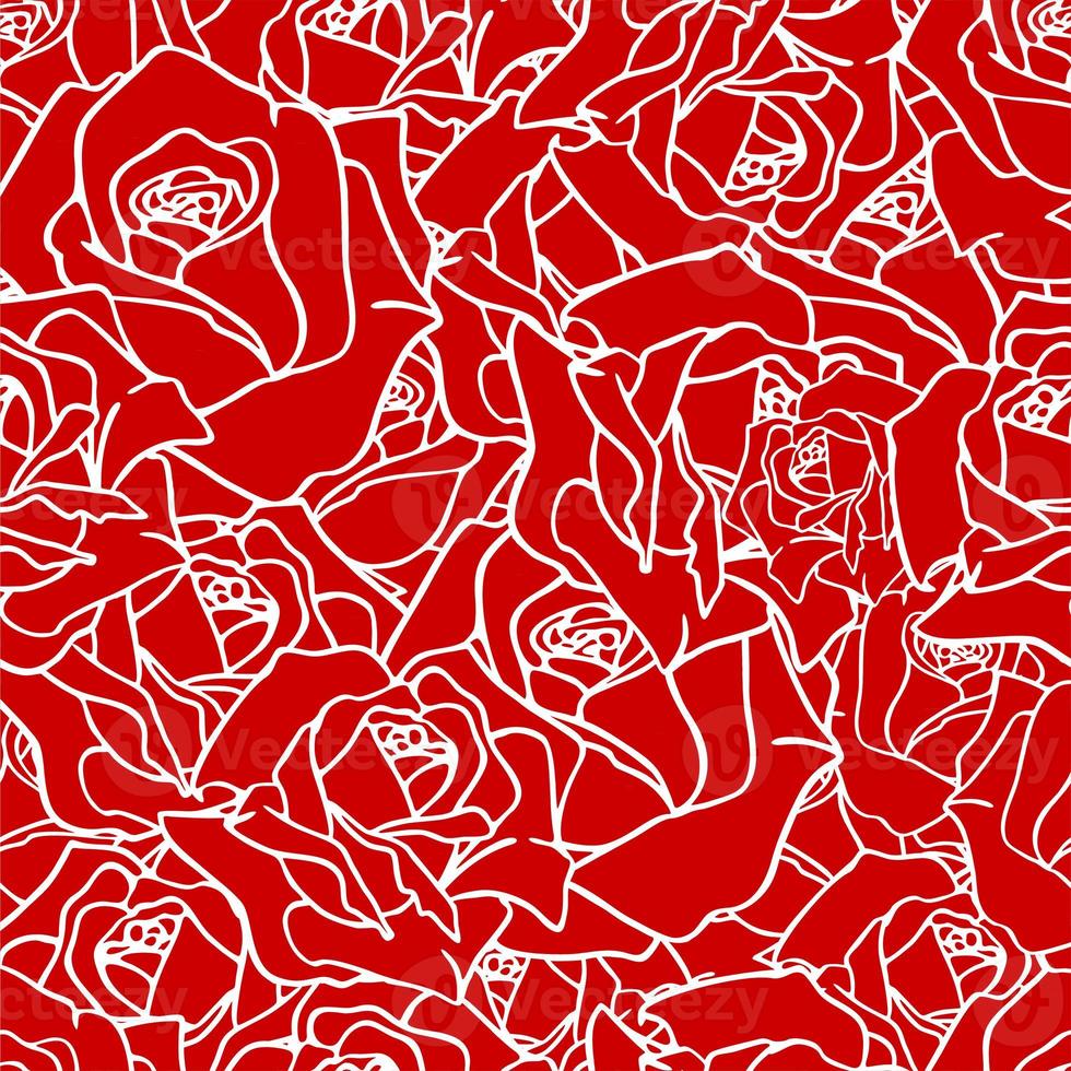 Nahtloses weißes abstraktes Konturmuster von Rosenknospen auf rotem Hintergrund, Textur, Design foto