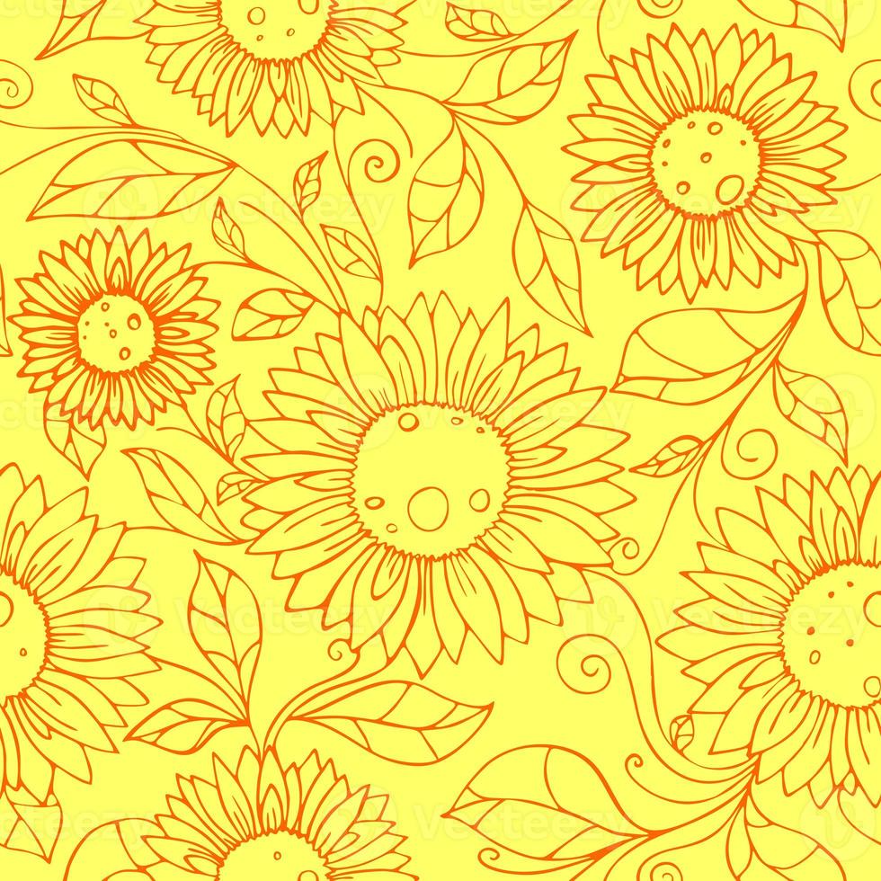 Nahtloses Muster von orangefarbenen Konturen von Blumen auf gelbem Hintergrund, Textur, Design foto