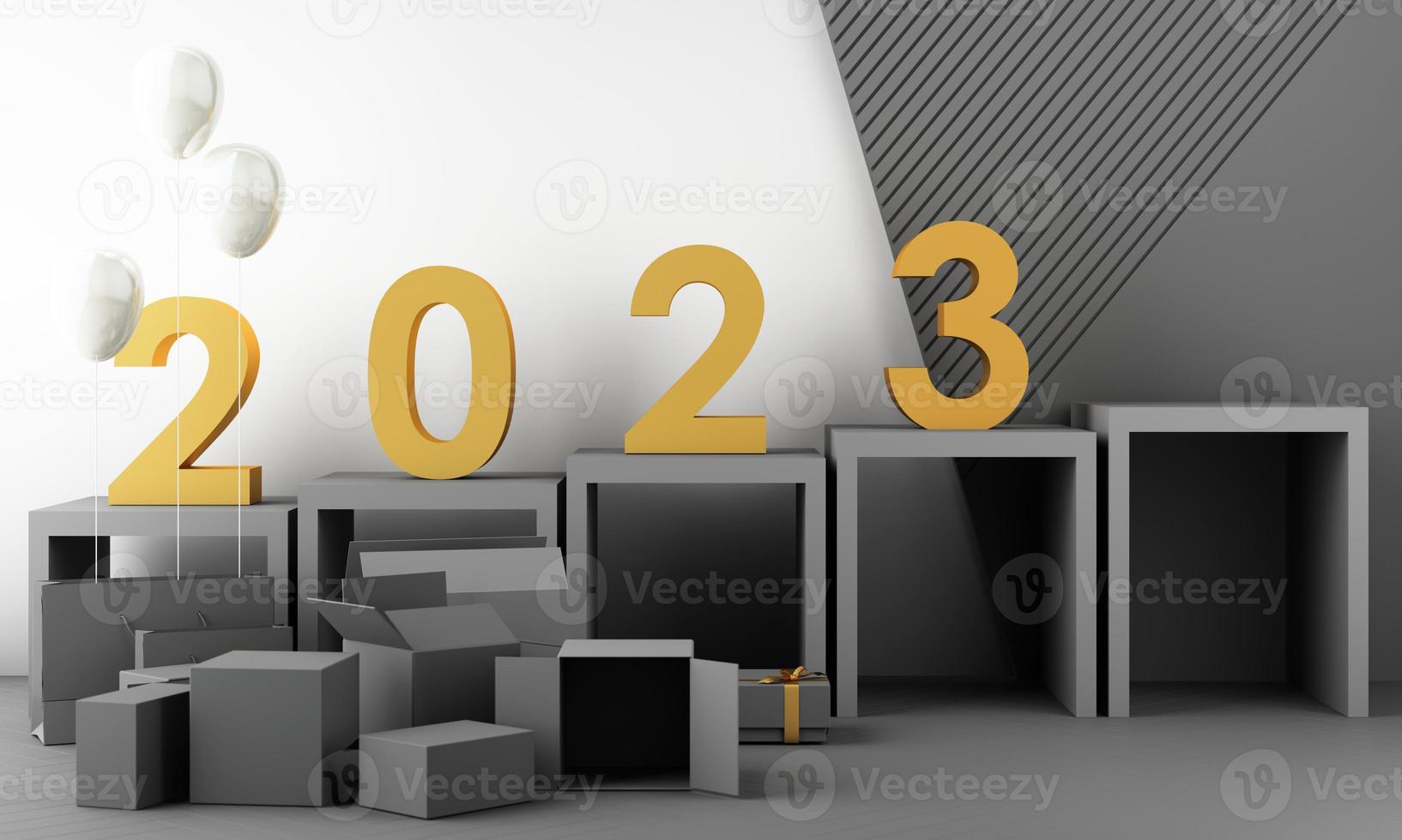 Buchstaben goldene Textur von 2023 im Konzept des neuen Jahres, weiße Marmorfarbtöne, umgeben von geometrischen Formen zur Präsentation der Produkte und Geschenkboxen mit transparenten Kugeln. 3D-Rendering foto