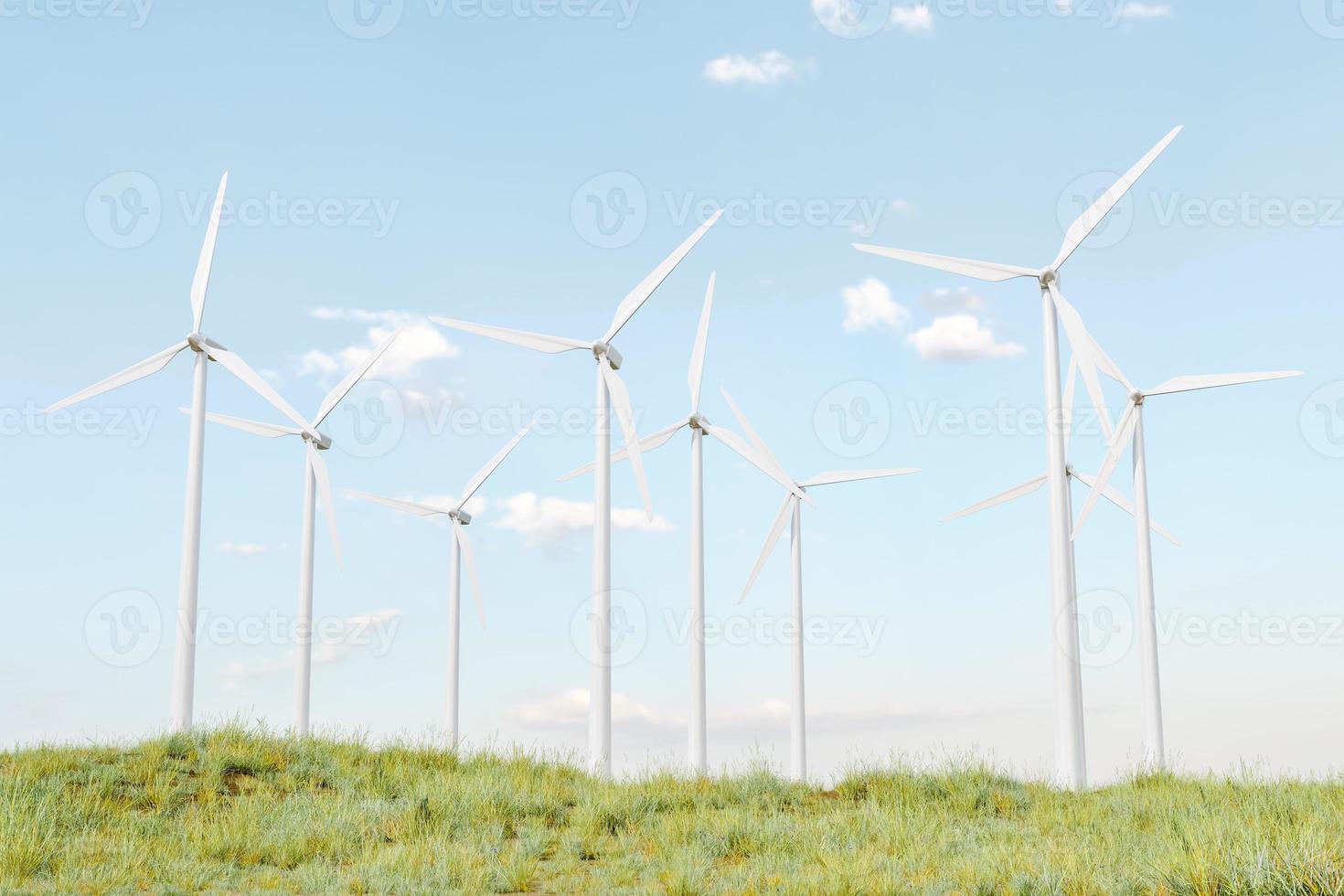 Mehrere Windkraftanlagen auf einer grünen Wiese. 3D-Rendering foto