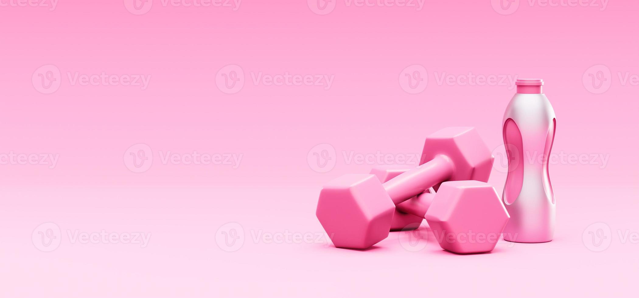 hanteln und flasche auf einem rosa hintergrund 3d-rendering foto