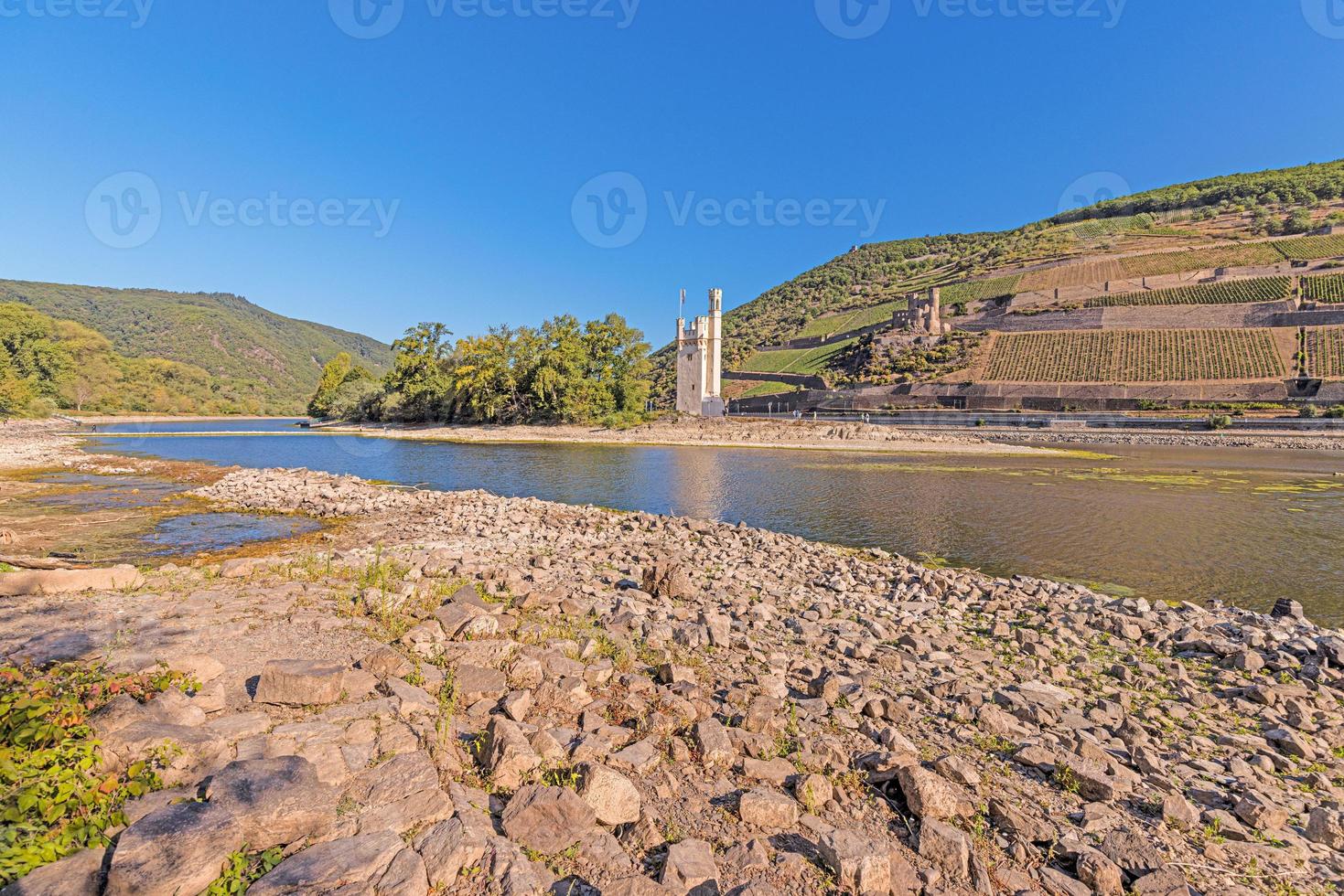 Panoramablick über den Rhein mit Binger Mäuseturm bei Wasserrekordtief foto