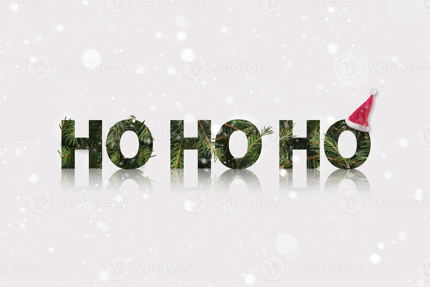 santa ho ho ho klang aus einem tannenzweig mit weihnachtsmütze am ende. Winterweihnachtsthema mit Schnee. foto