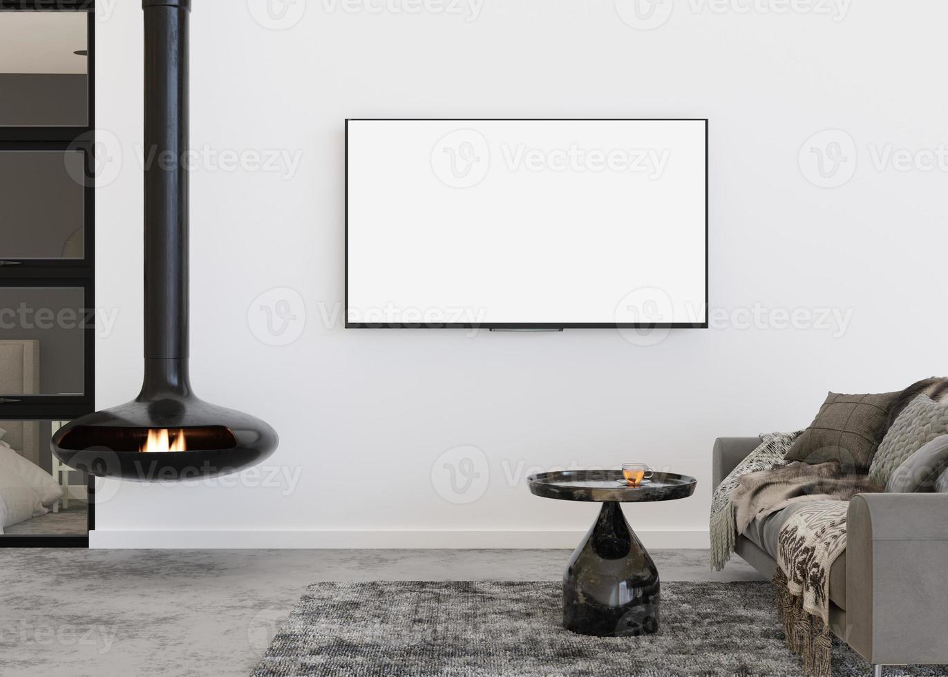 led-fernseher mit leerem weißem bildschirm, der zu hause an der wand hängt. tv mock-up. kopierraum für werbung, film, app-präsentation. leerer fernsehbildschirm bereit für ihr design. modernes Interieur. 3D-Rendering. foto