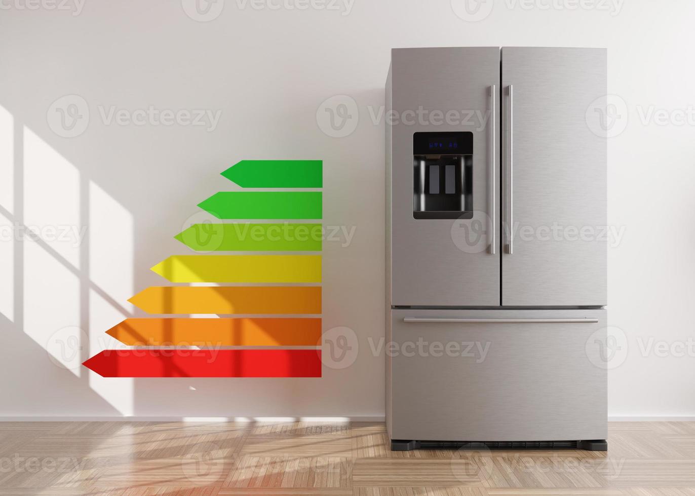 Kühlschrank und Energieeffizienz-Bewertungstabelle. elektrische Haushaltsgeräte. modernes Küchengerät. Edelstahl-Kühlschrank mit Doppeltüren, Gefrierschrank. Energie sparen. 3D-Rendering. foto