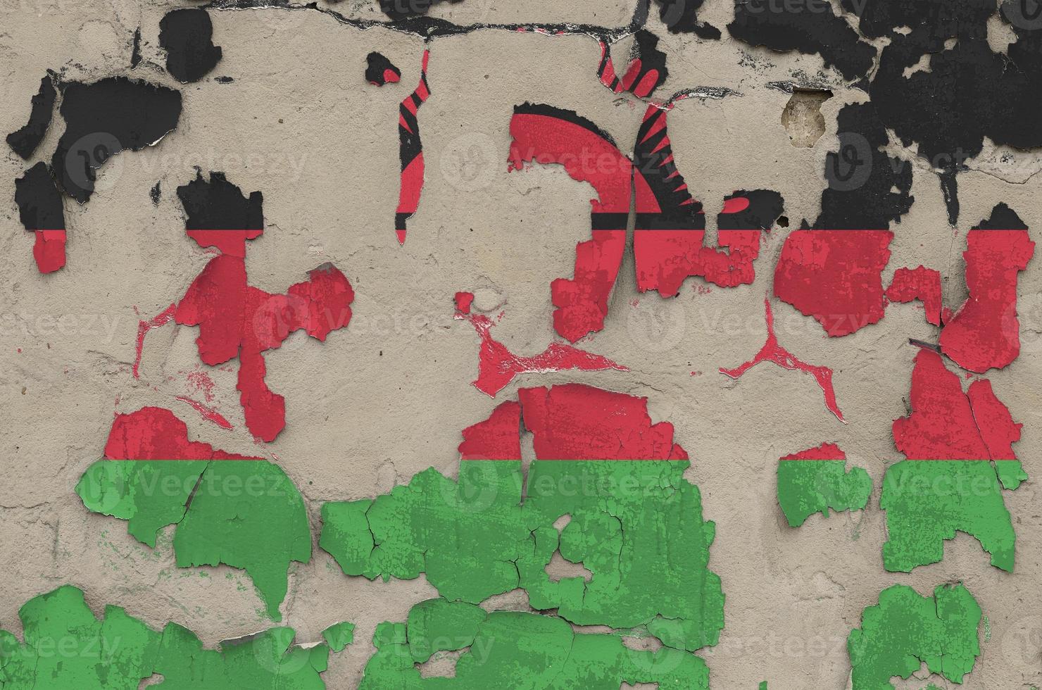 Malawi-Flagge in Lackfarben auf alter, veralteter, unordentlicher Betonwand in der Nähe. strukturierte Fahne auf rauem Hintergrund foto